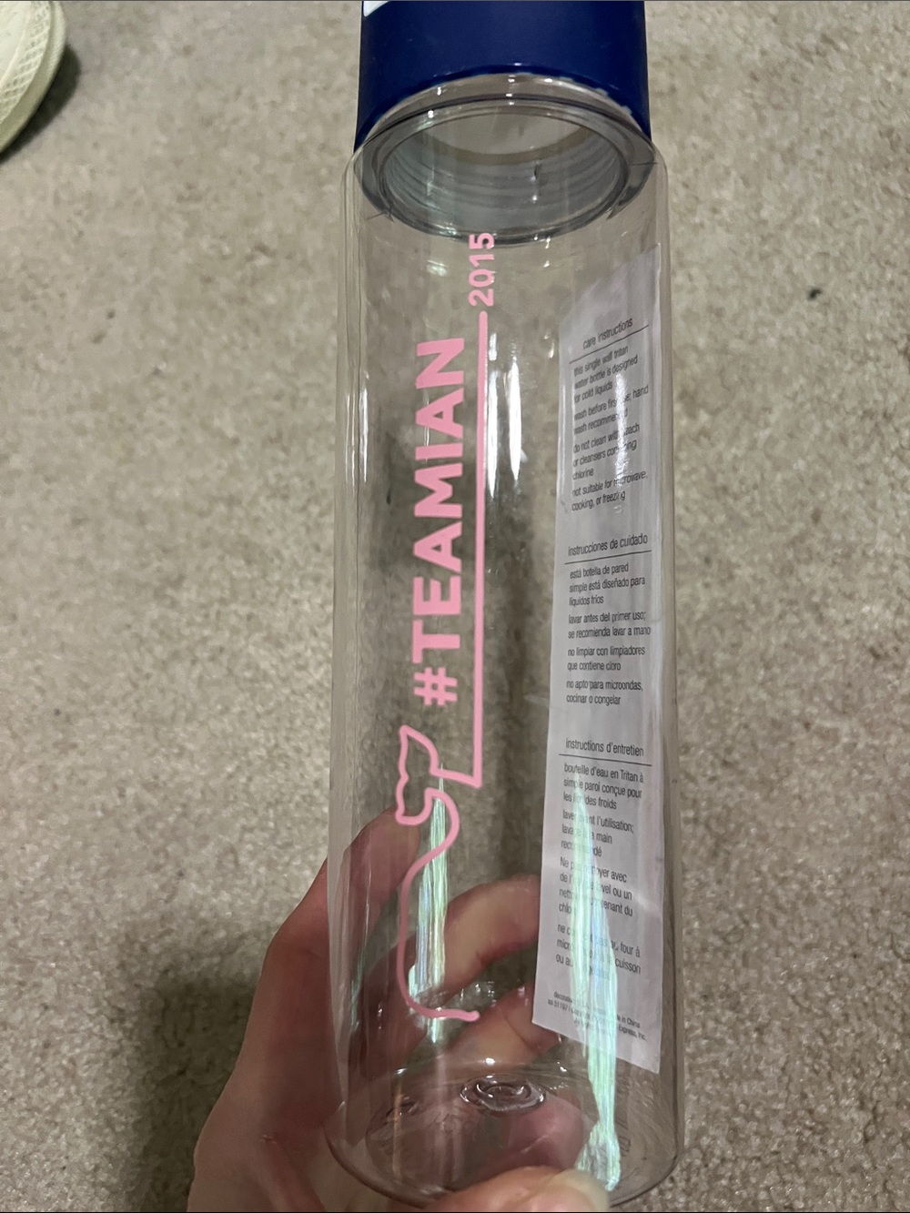 Vineyard Vines Clear Water Bottle with Pink #TEAMIAN Graphic and Navy Lid